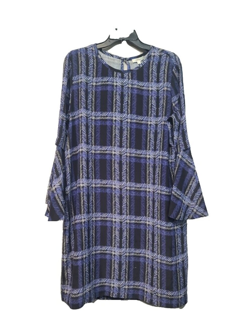 Tyler Boe Blue Plaid Shift Dress L NWT Long Sleeve Tiered